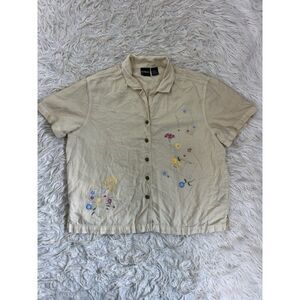 Erika Vintage 90s Yellow Floral Postcard Linen Cottagecore Button Front Top Lrg